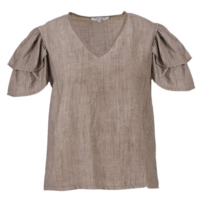 Enjoy Top vhals frill mouw 127667 licht taupe